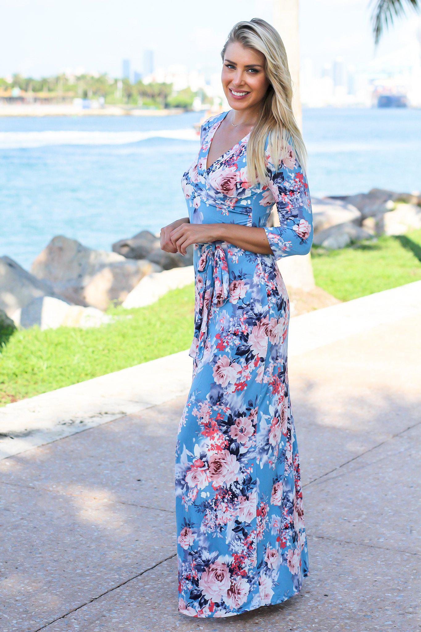 Blue and Pink Floral Wrap Maxi Dress ...